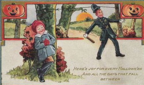 Vintage Halloween Greeting Card with Jack-O'-Lanterns & Child and Police Officer