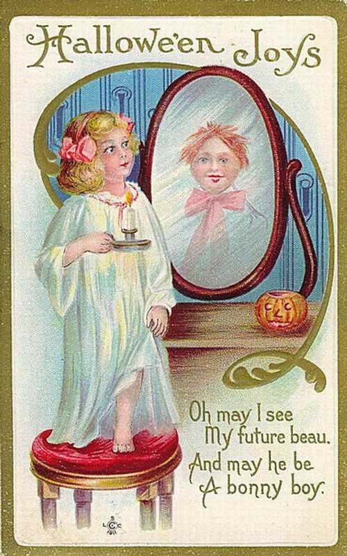 Vintage Halloween Joys Greeting Card with Mirror Girl 1900s