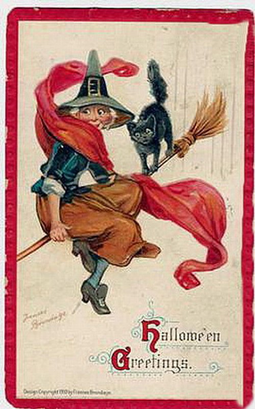 Vintage Halloween Greeting Card: Witch with Black Cat