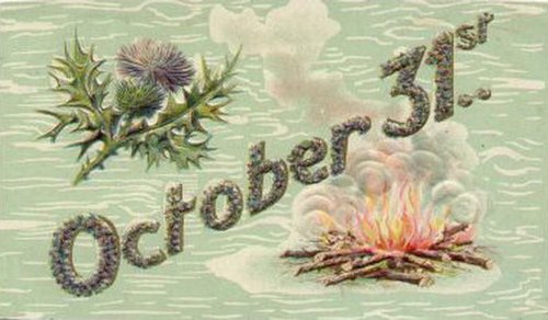 October 31st Vintage Halloween Greeting Card with Thistle & Campfire