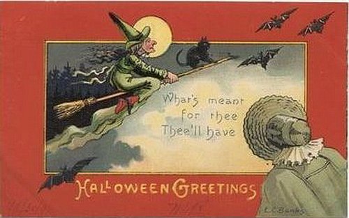 Vintage Halloween Greeting Card Witch Broomstick Flying Moon