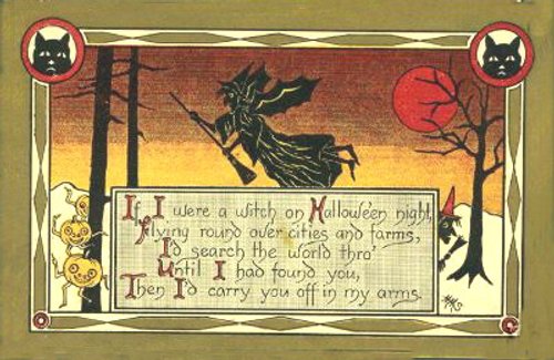 Vintage Halloween Greeting Card with Witch & Black Cat 1900s