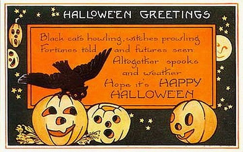 Vintage Halloween Greeting Card with Black Bird (Crow/Raven) & Jack-o'-Lanterns