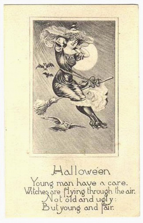 Vintage Halloween Witch Greeting Card, Early 1900s Engraving