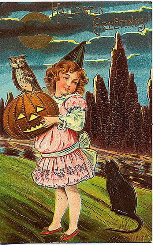 Victorian Halloween Greeting Card with Girl & Jack-o'-Lantern