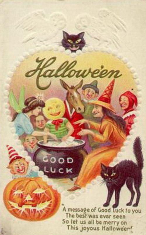 Vintage Halloween Greeting Card with Witch & Black Cat | Early 1900s