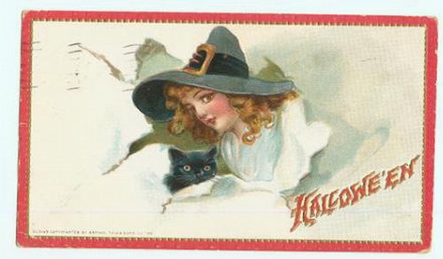 Vintage Halloween Greeting Card: Witch with Black Cat, Early 1900s
