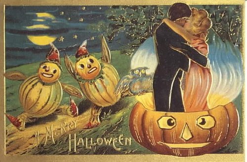 Vintage Halloween Greeting Card with Jack-o'-Lantern & Anthropomorphic Pumpkins