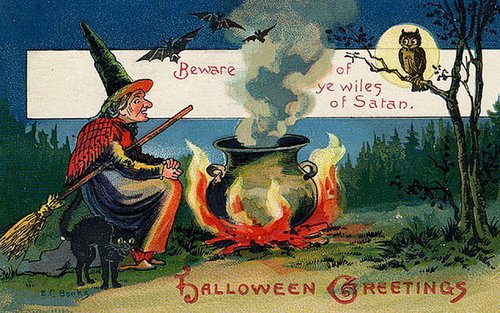 Victorian Halloween Greeting Card: Witch Cauldron & Owl