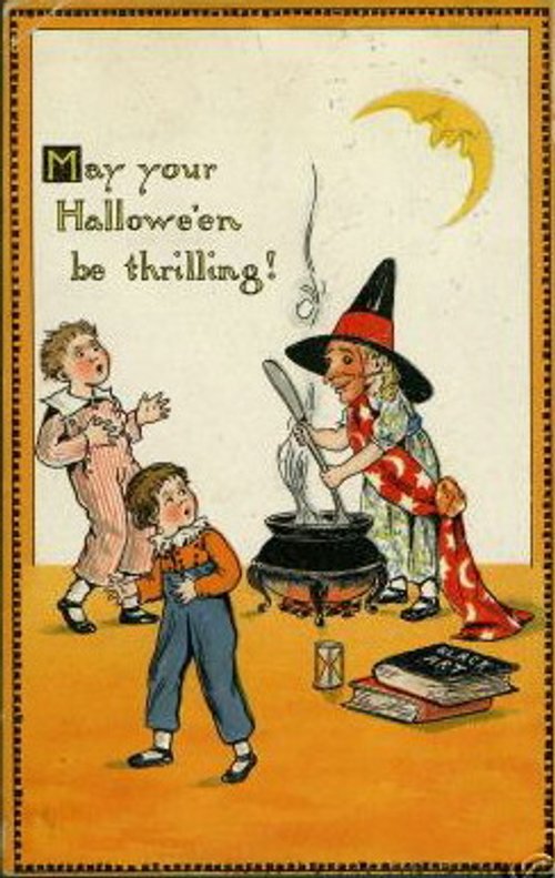 Vintage Halloween Greeting Card with Witch, Cauldron & Children