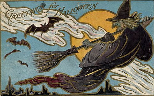 Vintage Halloween Greeting Card with Witch on Broomstick