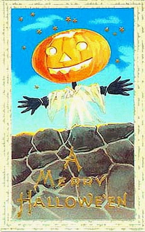 Vintage Halloween Pumpkin Scarecrow Greeting Card