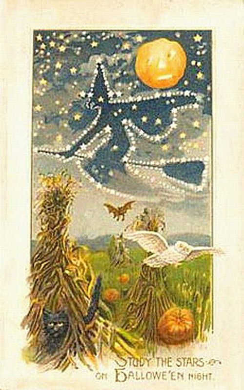 Vintage Halloween Greeting Card with Star Witch & Jack-o'-Lantern Moon