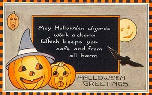 Vintage Halloween Greetings Card with Jack-o'-Lanterns & Witch Hat