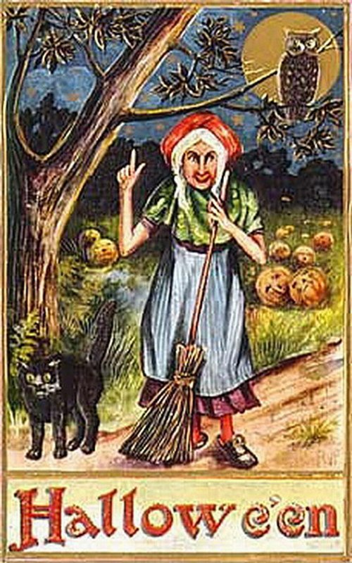 Vintage Halloween Greeting Card Witch Owl Black Cat 1900s