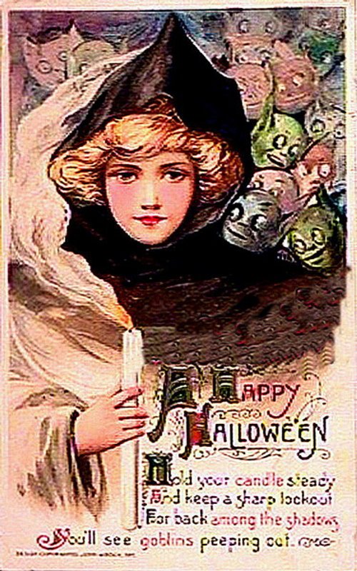 Vintage Halloween Greeting Card with Witch and Goblins