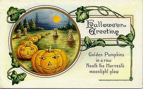 Vintage Halloween Greeting Card with Jack-o'-Lanterns and Moonlight