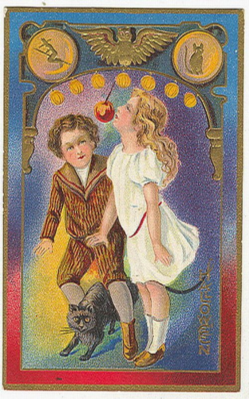 Victorian Children & Black Cat Celestial New Year Greeting Card