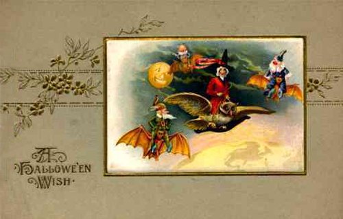 Victorian Halloween Wish Greeting Card with Witches and Bat