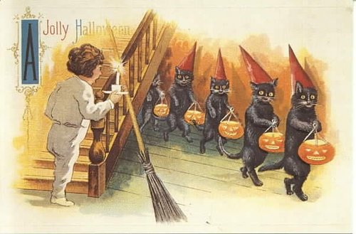 Jolly Halloween Vintage Greeting Card | Black Cats & Jack-O'-Lanterns