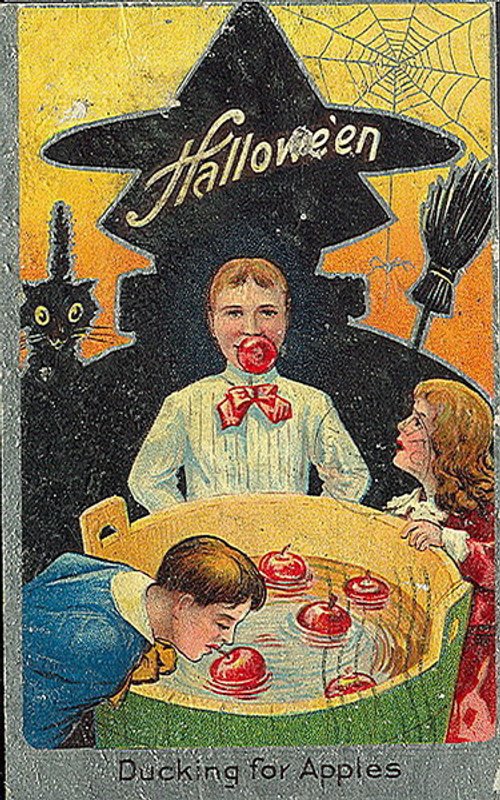 Vintage Halloween Greeting Card - Witch Hat & Apple Bobbing