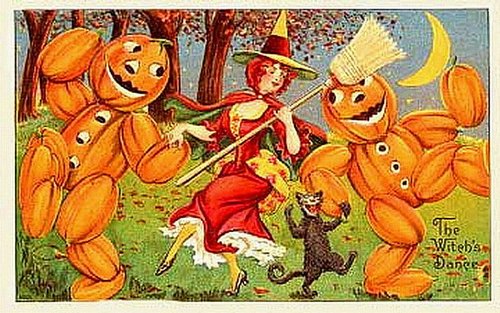 Vintage Halloween Witch's Dance Jack-o'-Lantern Card