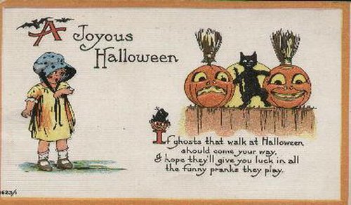 Vintage Halloween Greeting Card with Jack-o'-Lanterns & Child