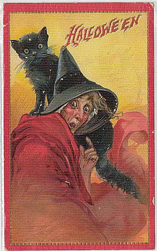 Vintage Halloween Greeting Card: Witch & Black Cat, Early 1900s