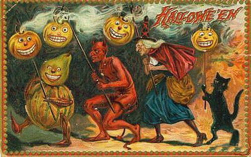 Vintage Halloween Greeting Card with Dancing Demons & Jack-O-Lanterns