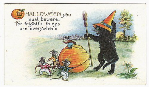 Vintage Halloween Greeting Card with Witch and Mice