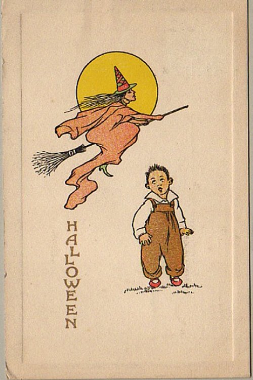 Vintage Halloween Greeting Card Witch Broomstick Child