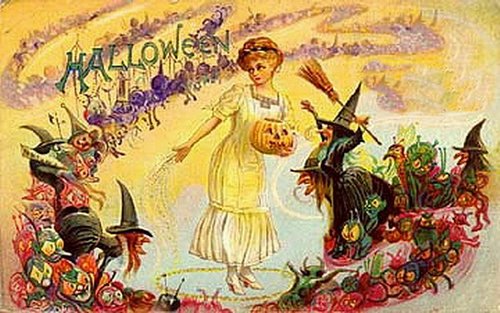Victorian Halloween Greeting Card with Witches and Jack-o'-Lantern
