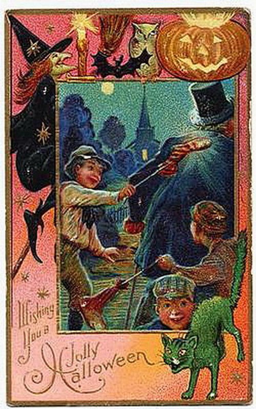 Victorian Halloween Greeting Card with Witches and Jack-o'-Lantern