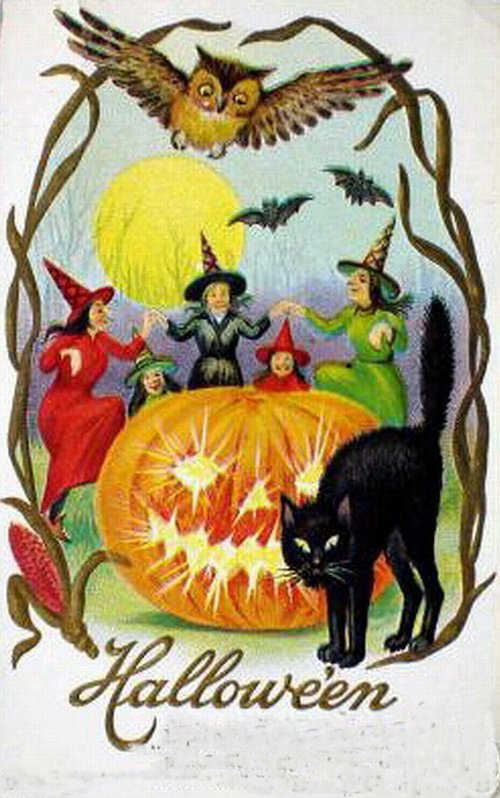 Vintage Halloween Greeting Card with Witches & Jack-o-Lantern
