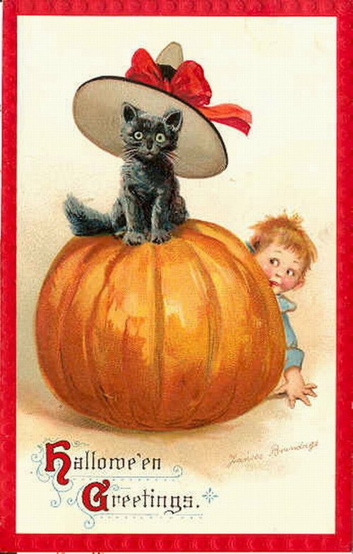 Victorian Halloween Greetings Black Cat Pumpkin Child
