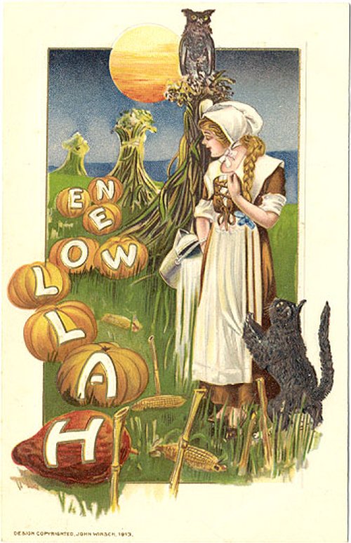 Vintage Halloween Greeting Card with Girl in Bonnet and Black Cat