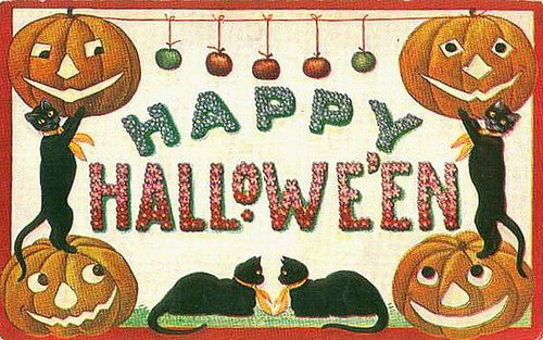 Vintage Halloween Greeting Card with Jack-o'-Lanterns & Black Cats