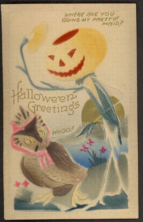 Vintage Halloween Greeting Card with Pumpkin Head Scarecrow