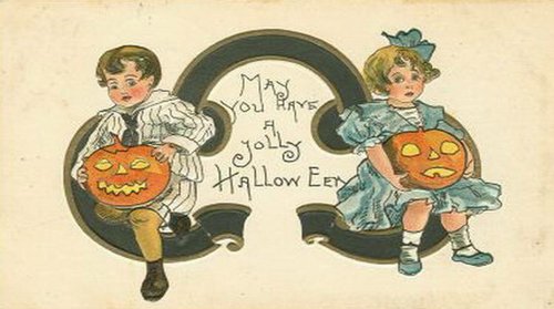 Vintage Halloween Greeting Card with Children & Jack-O-Lanterns