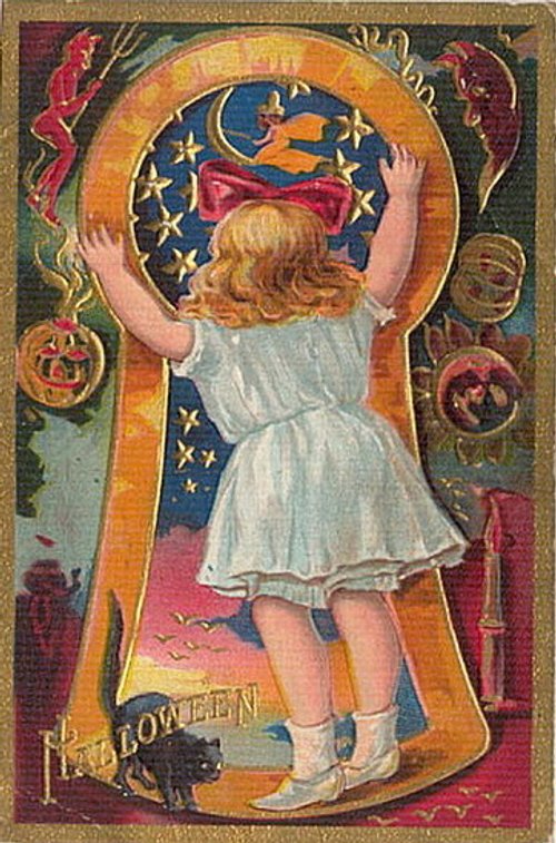 Vintage Halloween Die-Cut Greeting Card with Child and Witch