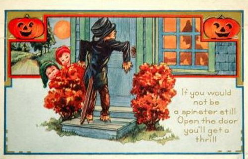 Vintage Halloween Greeting Card with Scarecrow & Jack-o'-Lanterns