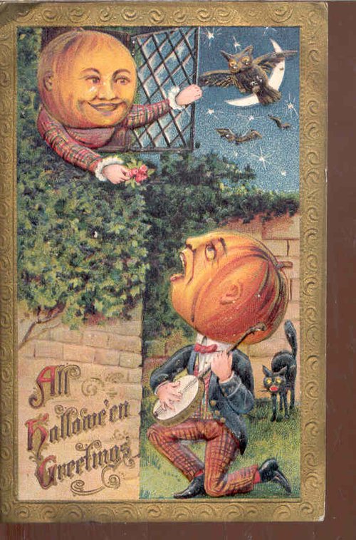 Victorian Halloween Greeting Card with Jack O'Lantern & Moon Man