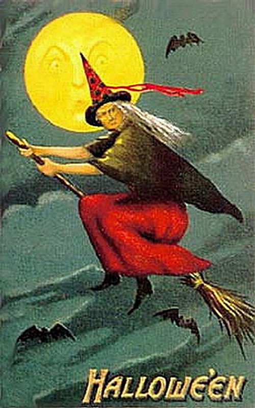 Vintage Halloween Witch Greeting Card - Early 1900s Flying Broomstick