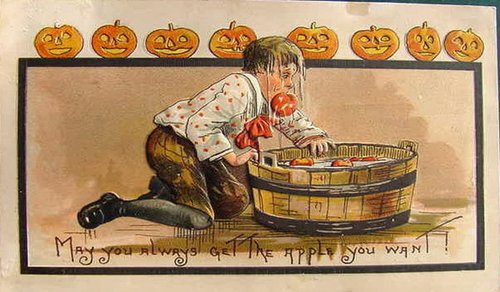 Vintage Halloween Greeting Card with Child Apple Bobbing 1900s