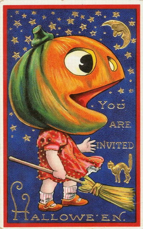 Vintage Halloween Invitation Card with Jack-o'-Lantern Child and Broomstick