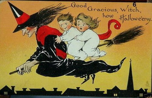 Vintage Halloween Witch Greeting Card Early 1900s Flying Broomstick