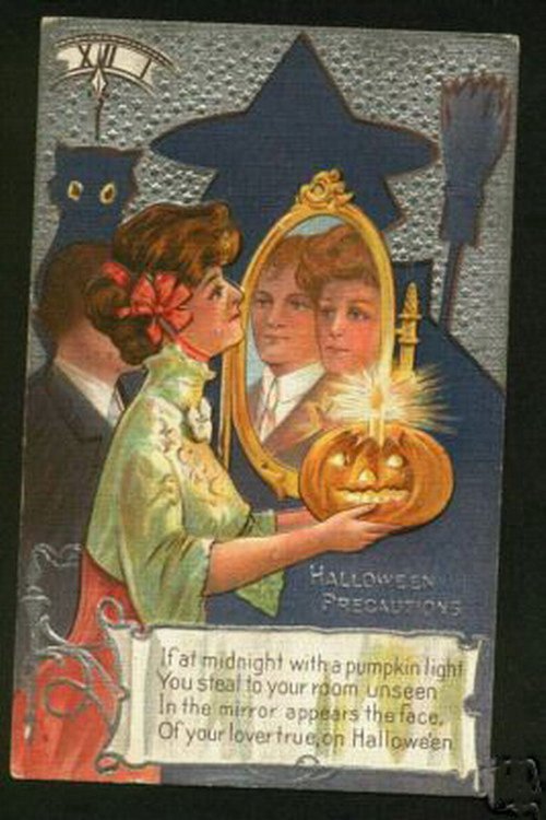 Vintage Halloween Greeting Card with Witch Mirror Magic 1900s