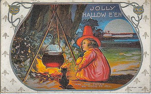 Jolly Halloween Vintage Greeting Card with Witch & Cauldron