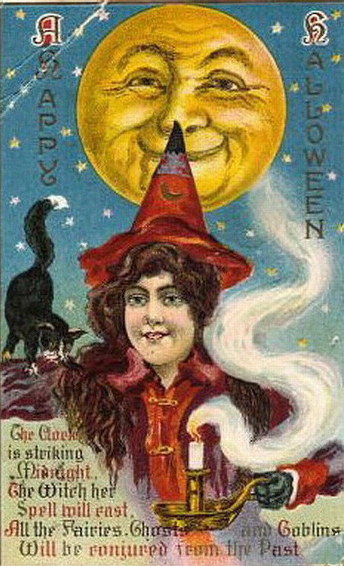 Vintage Halloween Witch Greeting Card with Smiling Moon