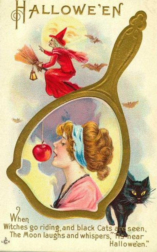 Vintage Halloween Greeting Card with Witch & Mirror - Victorian Era